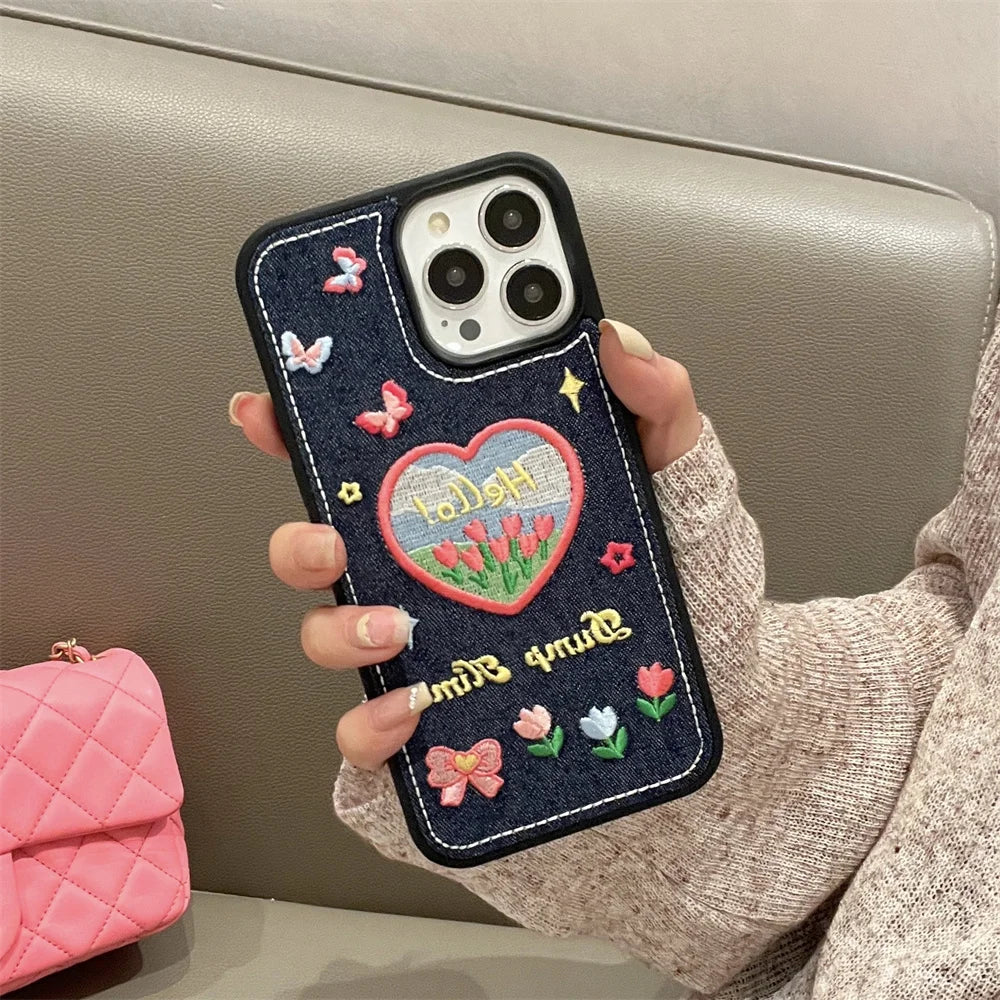 【デニム刺繍デザインスマホケース】ハート&バタフライ|iPhone対応 #250811