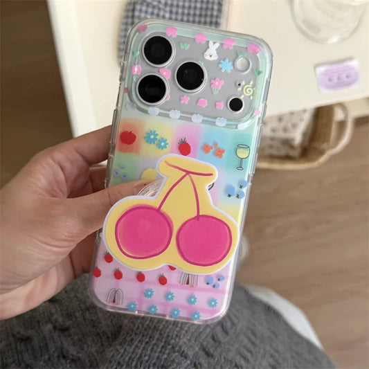 ポップチェリー 立体 さくらんぼグリップ付き クリア iPhoneケース|カラフル・韓国デザイン #231130