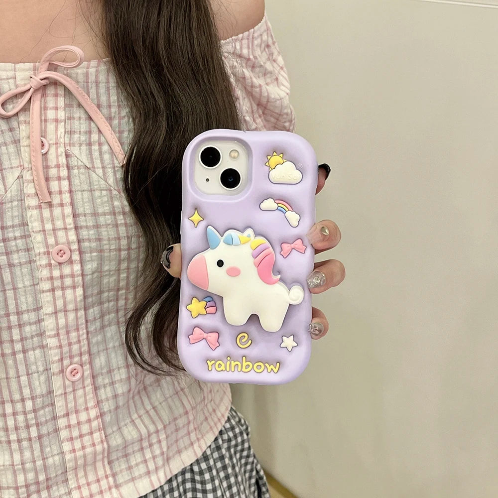 【アニマルシリーズ】立体レインボーユニコーン かわいい3Dデザイン スマホケース|iPhone対応 #251006