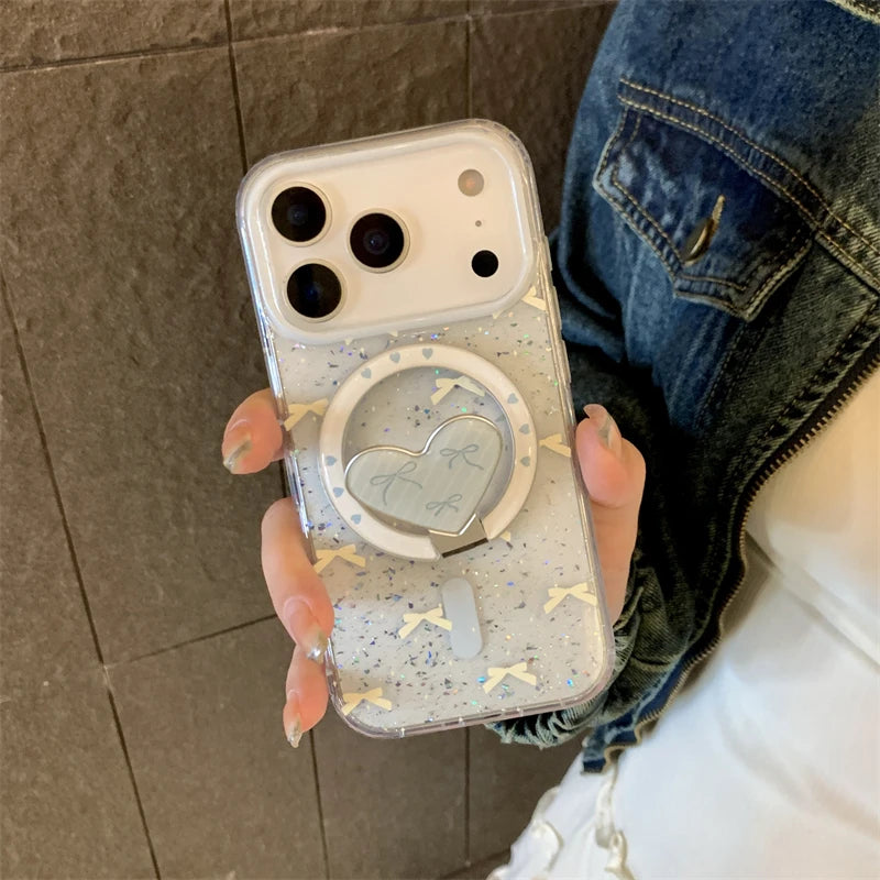 【ハートリングスタンド】Magsafe対応 ハート型 スタンド付き グリッター×リボン柄 スマホケース|iPhone対応 #250310