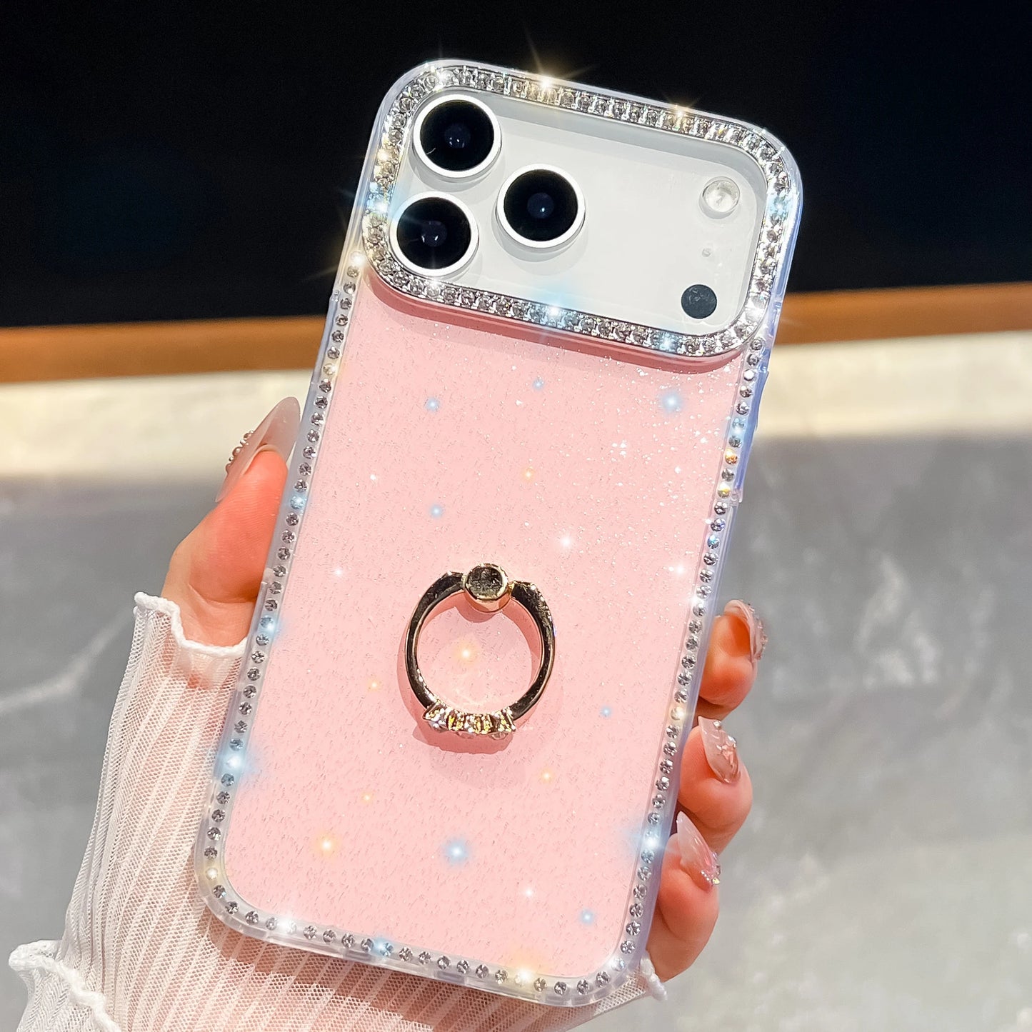 【グリッターシリーズ】輝くホログラムスター キラキラストーン付き リング付きスマホケース|iPhone対応 #251010