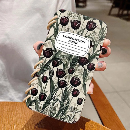 【ブックスタイル】リングノート風 フラワー チューリップデザイン 手帳型 iPhoneケース #240202