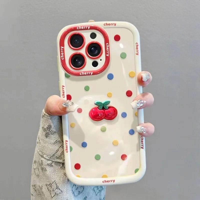 【フルーツシリーズ】ポップでかわいいドット柄&立体チェリー スマホケース|iPhone対応 #250921