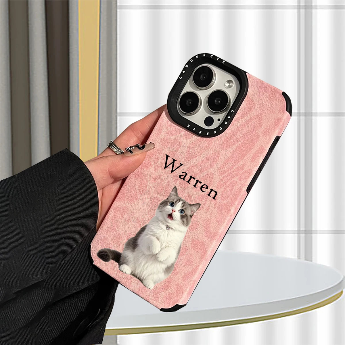 【カスタムNAMEシリーズ】ペット写真 × カスタム ネーム 印字 ピンクレオパード スマホケース|iPhone対応 #241006