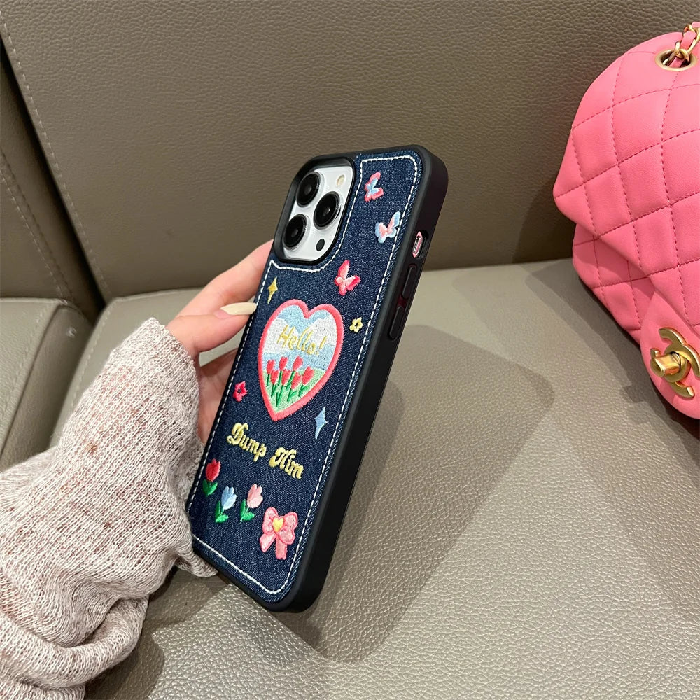 【デニム刺繍デザインスマホケース】ハート&バタフライ|iPhone対応 #250811