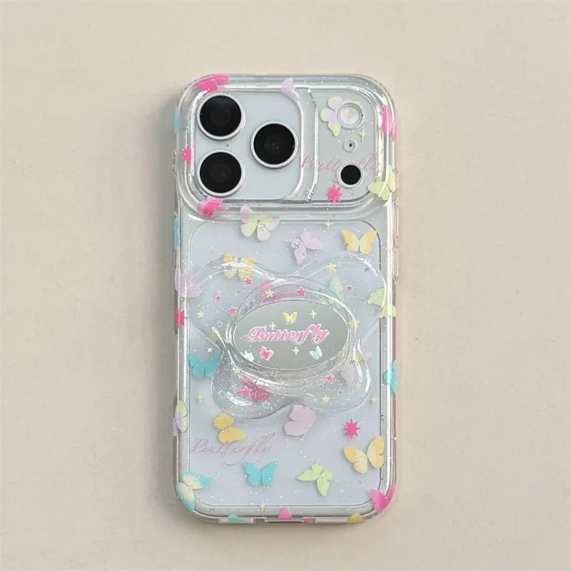 カラフルバタフライ きらめきクリア グリップ付き iPhoneケース|淡色フェアリー #260009
