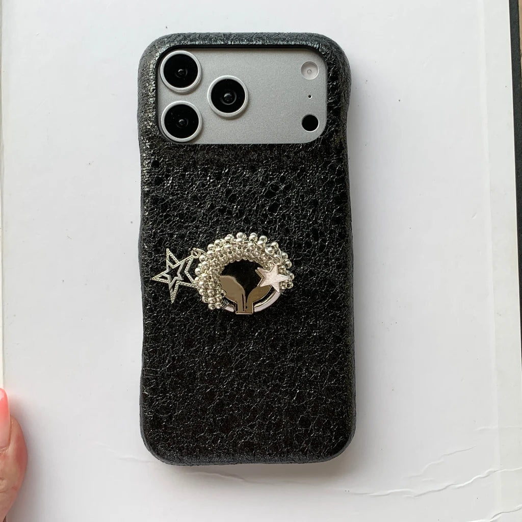 【パールリング付き】iPhoneケース シェルテクスチャー キックスタンド|レザー調・アクセサリー風 スマホカバー #230731