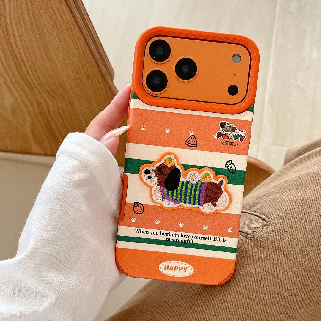 【アニマル刺繍】わんこワッペン × オレンジボーダー ストライプ スターチャーム付き スマホケース|iPhone対応 #240911