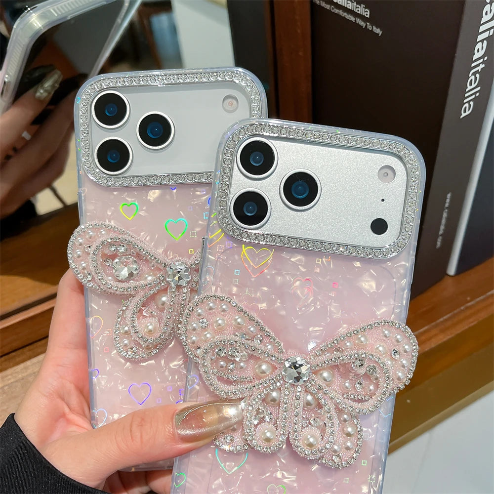 バタフライモチーフ iPhoneケース|蝶々 パールビジューデザイン・ストラップ付き #240602