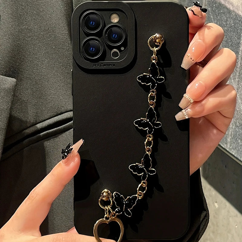 【バタフライチャーム】チェーン付き ハートリング スマホケース|iPhone対応 #250728