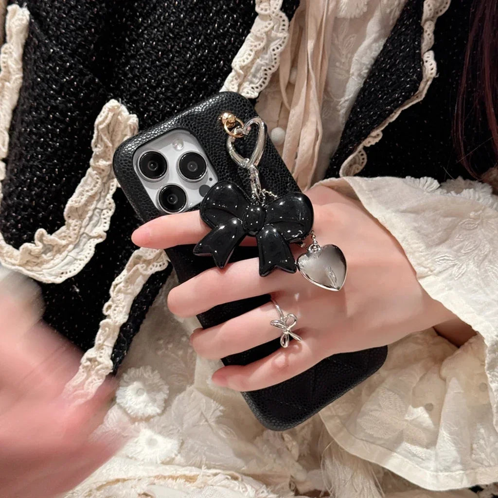 【リボン×ハートチャーム】キルティングPUレザーケース|iPhone対応 #250506