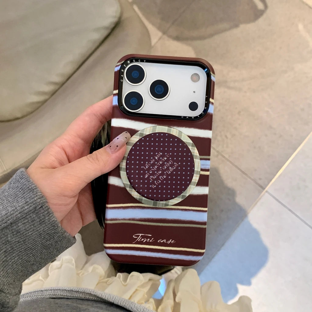 【Magsafe対応】ボルドー マルチカラーストライプ ×ドット スター スタンド スマホケース|iPhone対応 #241224