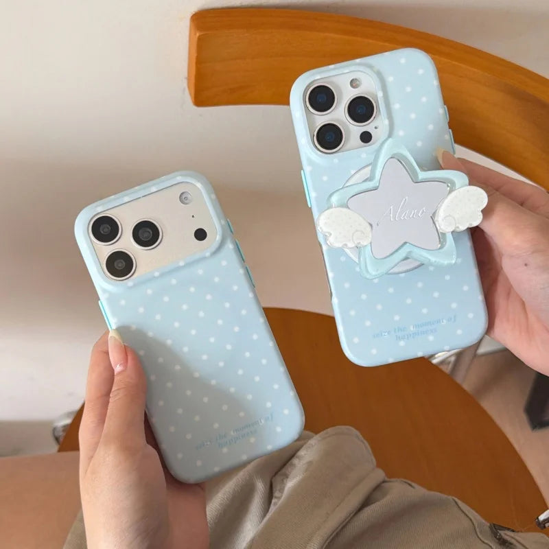 羽根つきスター ミラーグリップ 水玉×ブルー Magnet内蔵 iPhoneケース