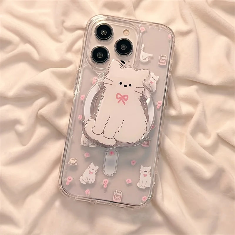 リボンねこイラスト クリアデザイン Magnet内蔵 グリップ付き iPhoneケース #240120
