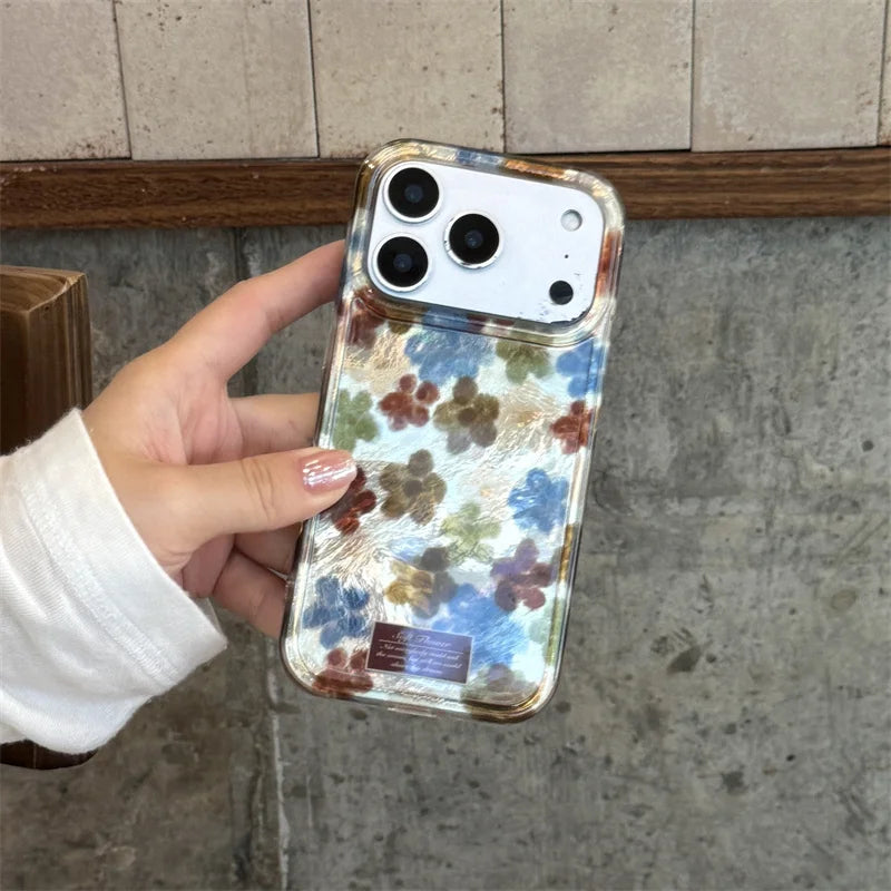 【フラワーパールスタンド】マーブル調×花柄 レザーチャーム付き スマホケース|iPhone対応 #250312