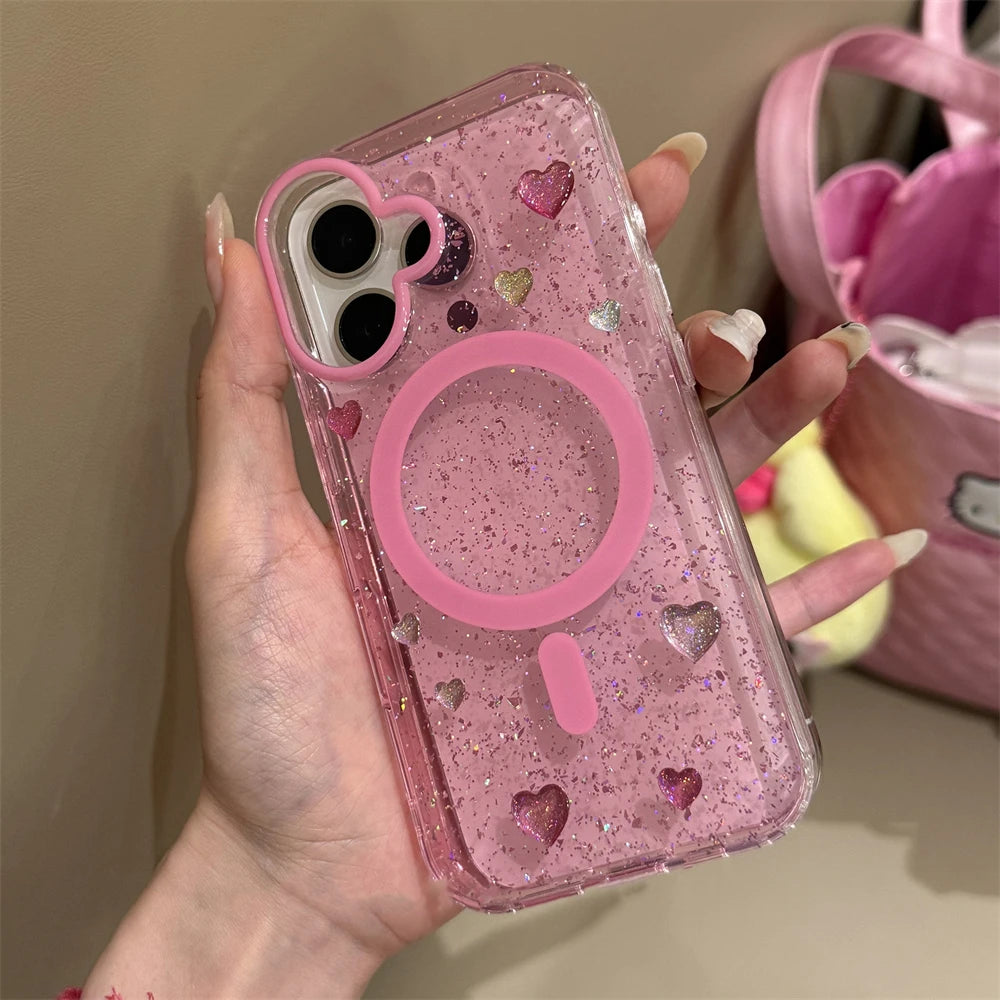 ホットピンク ぷっくりハート ラメグリッター Magnet内蔵 iPhoneケース|Y2K・韓国ガーリー #230728