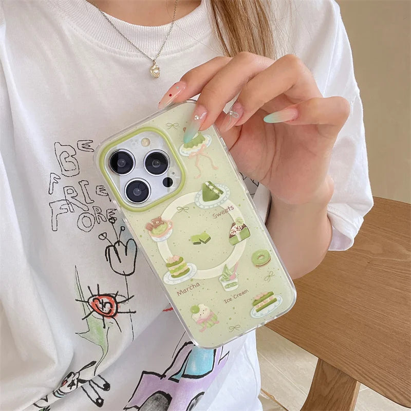 【抹茶×いちごケーキ】ホルダー付き スイーツ スマホケース|iPhone対応 #250725