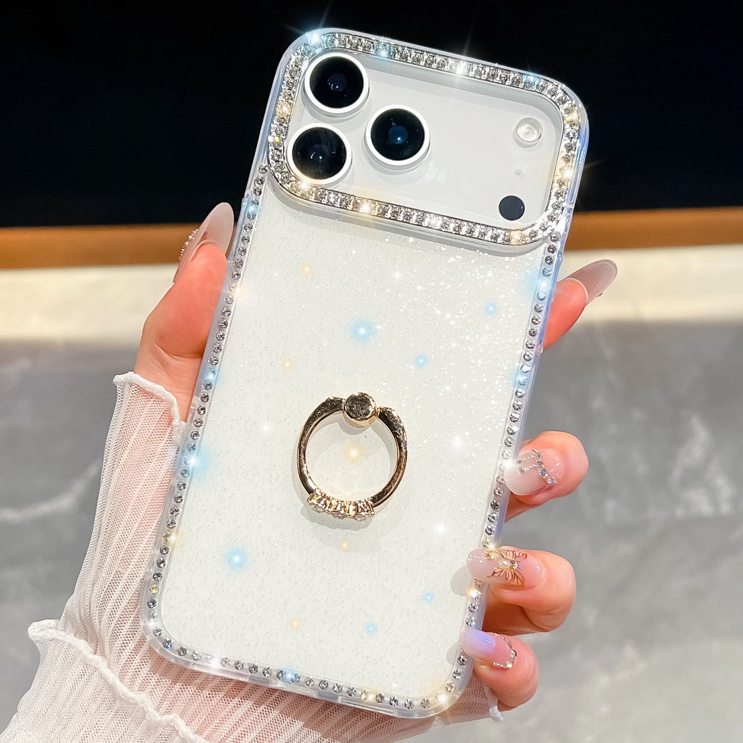 【グリッターシリーズ】輝くホログラムスター キラキラストーン付き リング付きスマホケース|iPhone対応 #251010