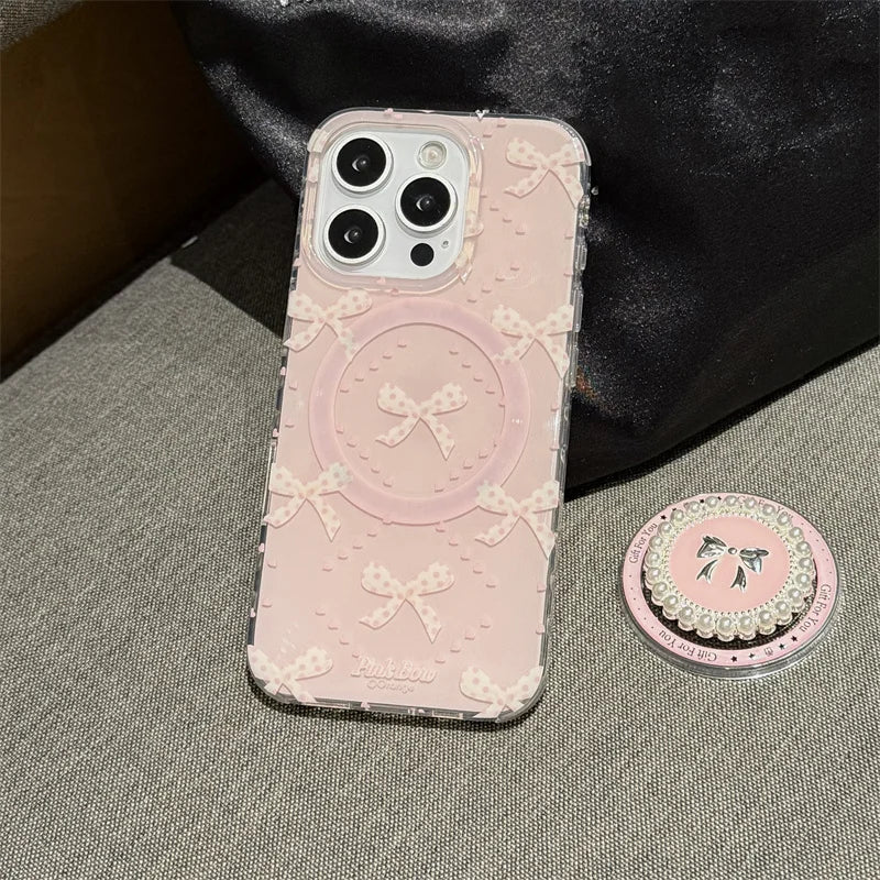 【リボンパールグリップ】ガーリ ピンクハート ケース|iPhone対応 #250724