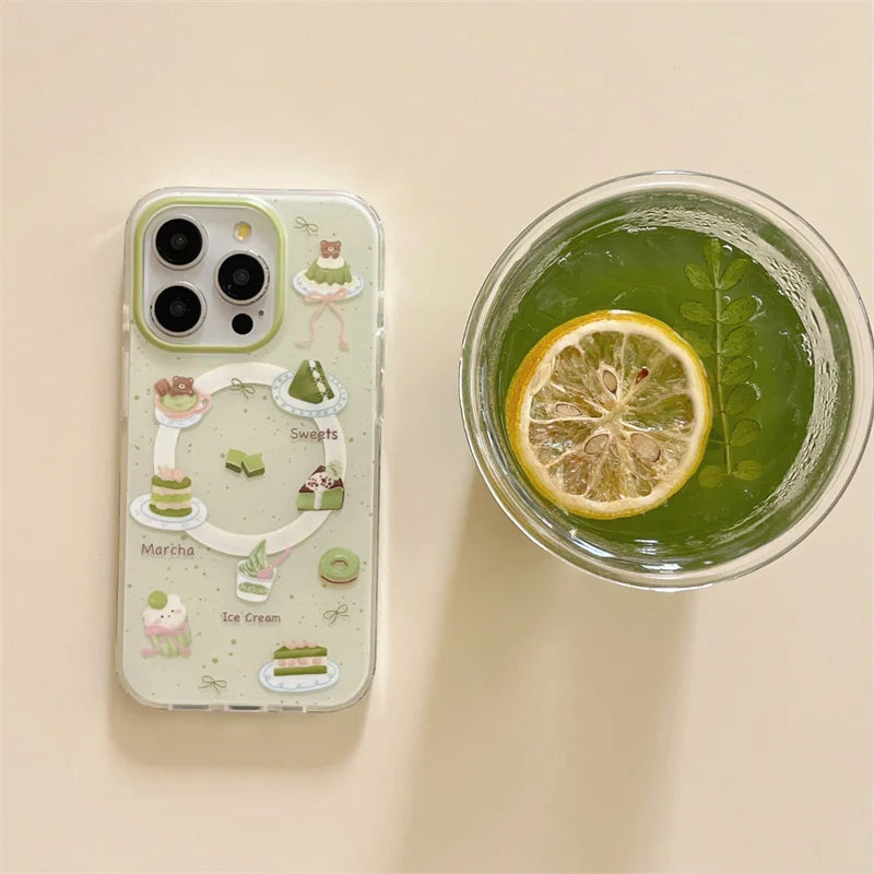 【抹茶×いちごケーキ】ホルダー付き スイーツ スマホケース|iPhone対応 #250725
