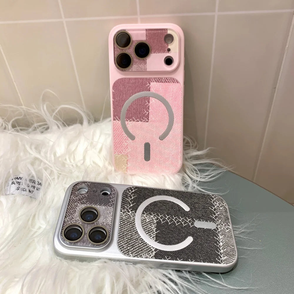 ツイード風 パッチワークデザイン Magnet内蔵 iPhoneケース #230724
