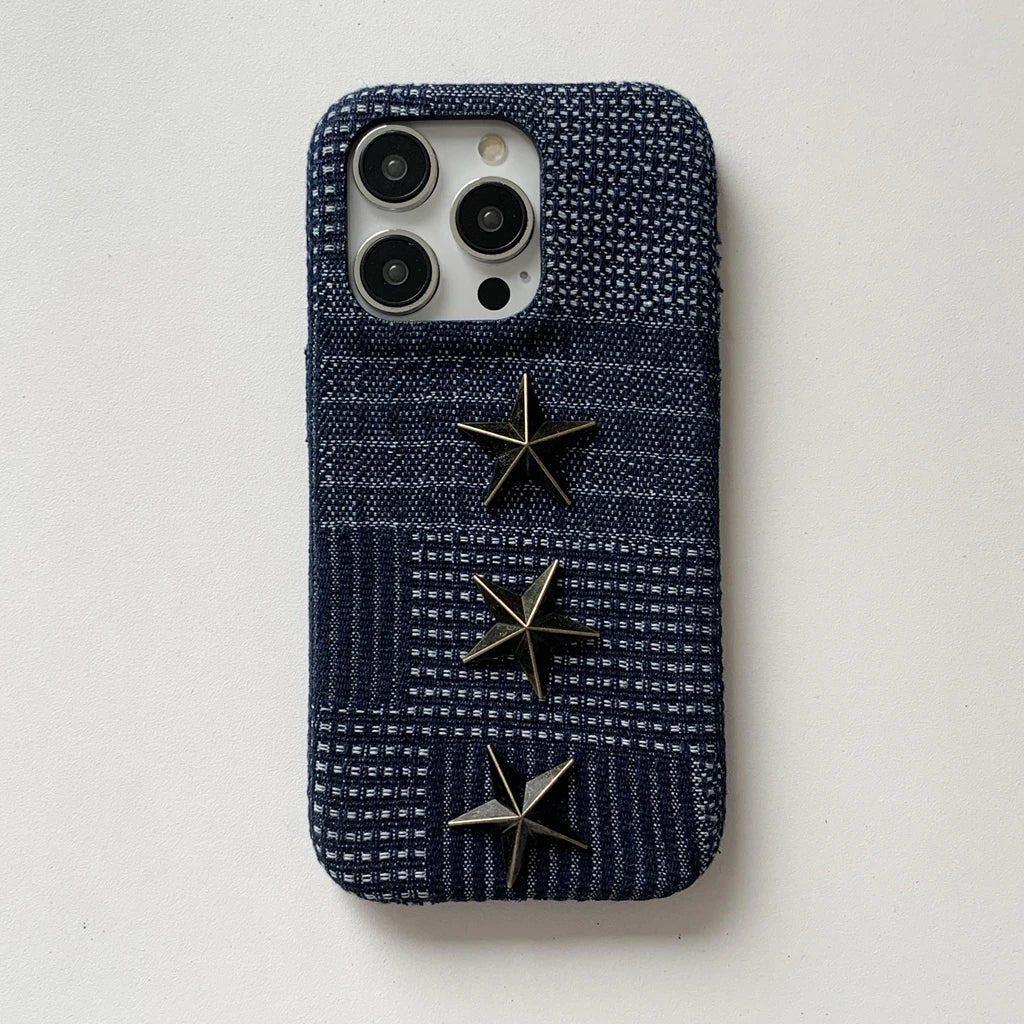 【立体スタースタッズ】デニム風 スマホケース|iPhone対応 #250731