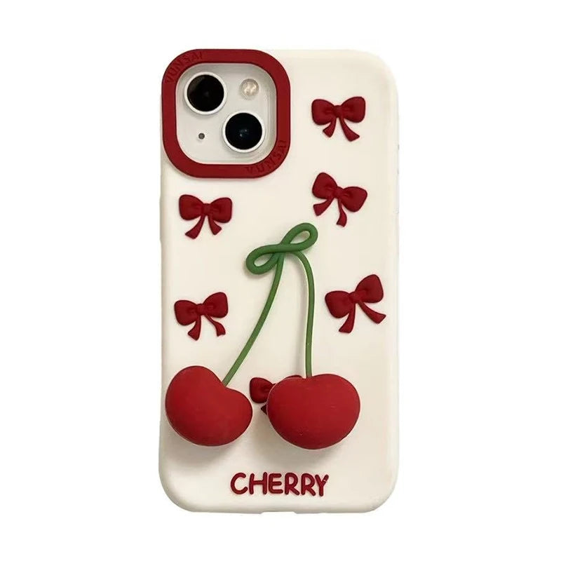 【フルーツシリーズ】立体さくらんぼ&リボンデザイン スマホケース|iPhone対応 #250827