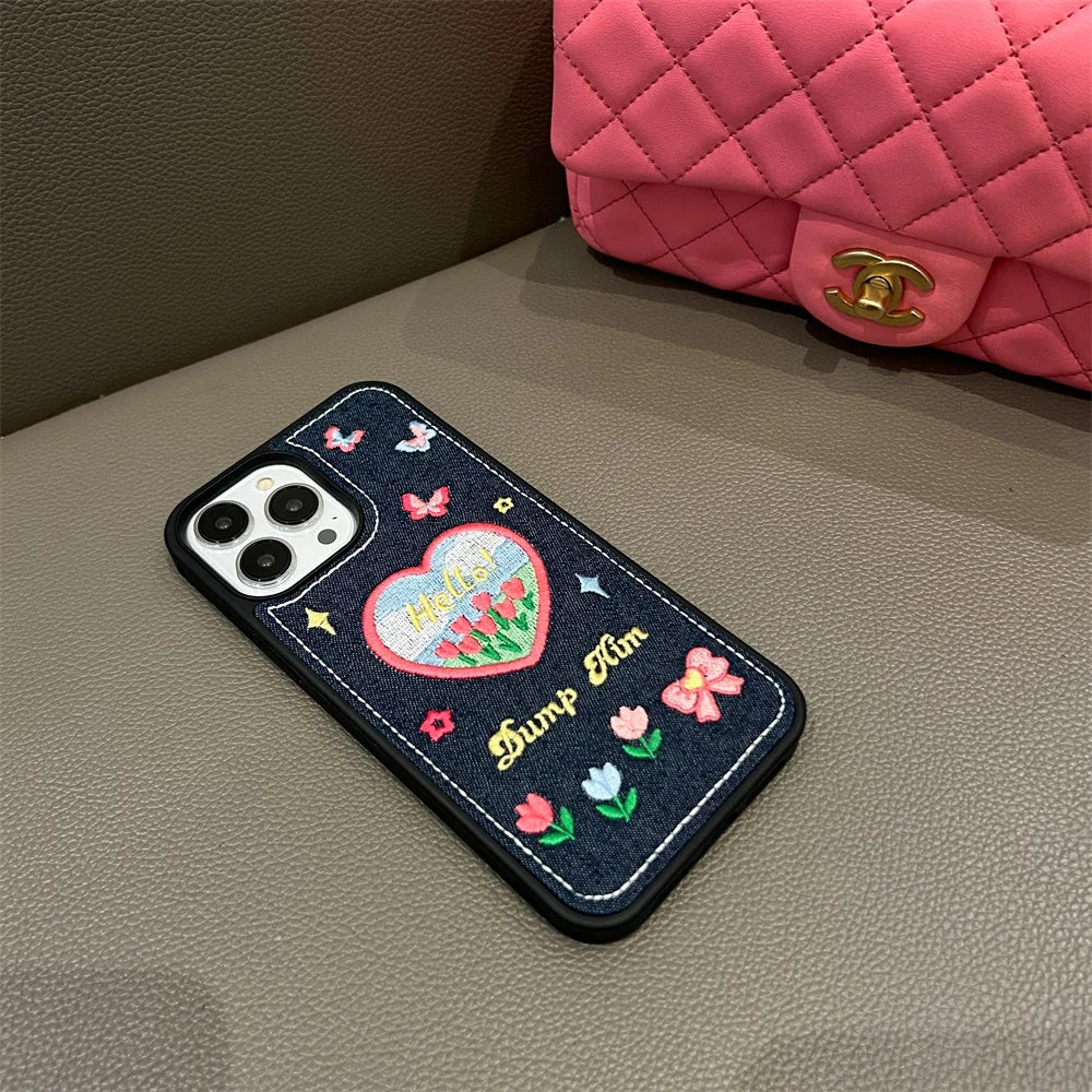 【デニム刺繍デザインスマホケース】ハート&バタフライ|iPhone対応 #250811