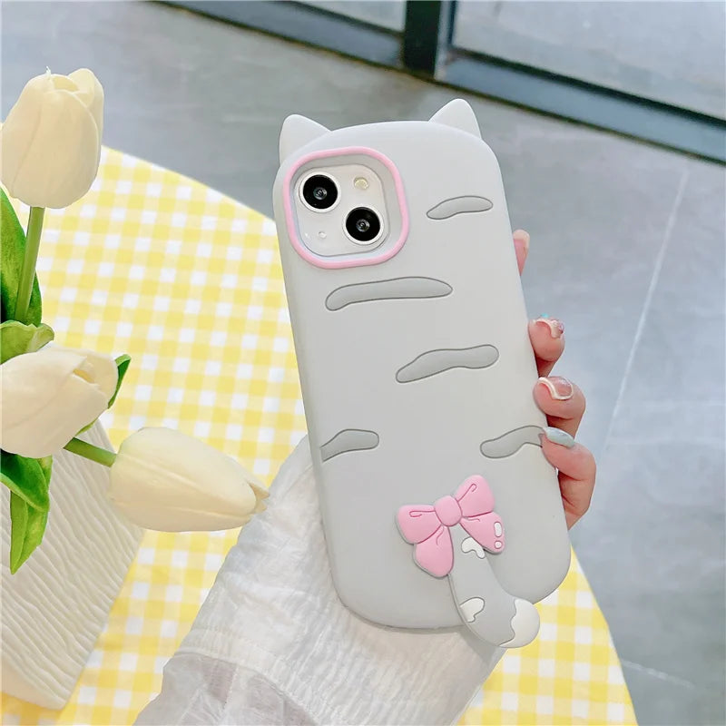 【猫耳シリーズ】しっぽ付き リボン デザイン マット グレー iPhoneケース|くすみカラー #240212