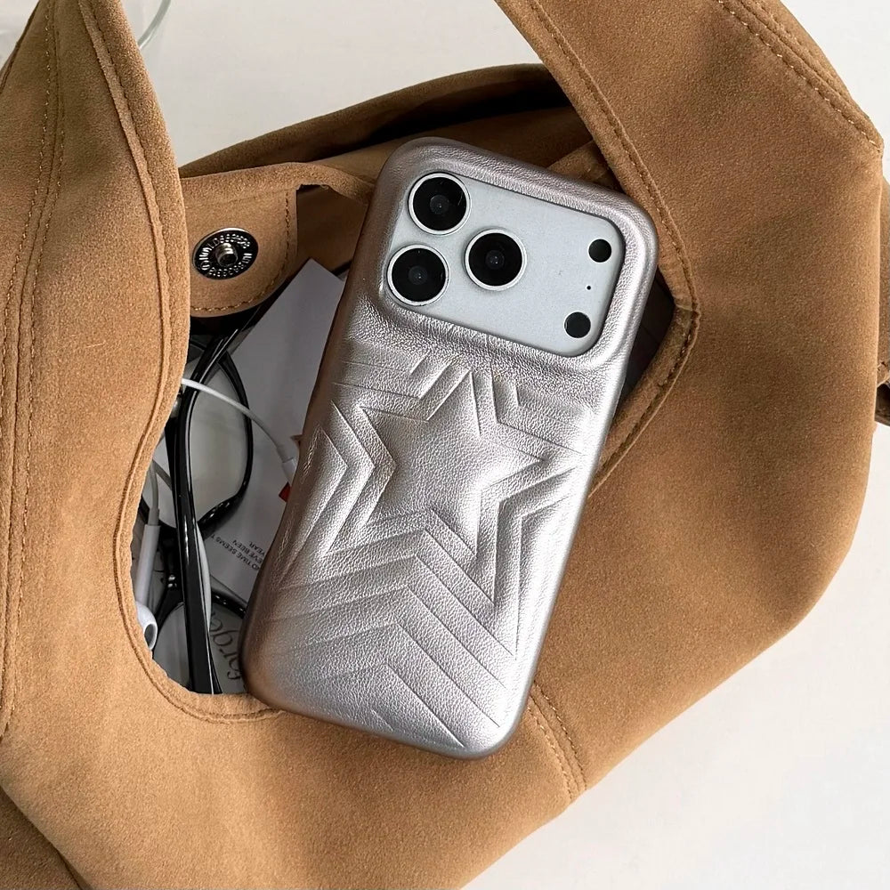 【スターエンボス】立体スター 星柄 型押しステッチ レザー調 スマホケース|iPhone対応 #240615