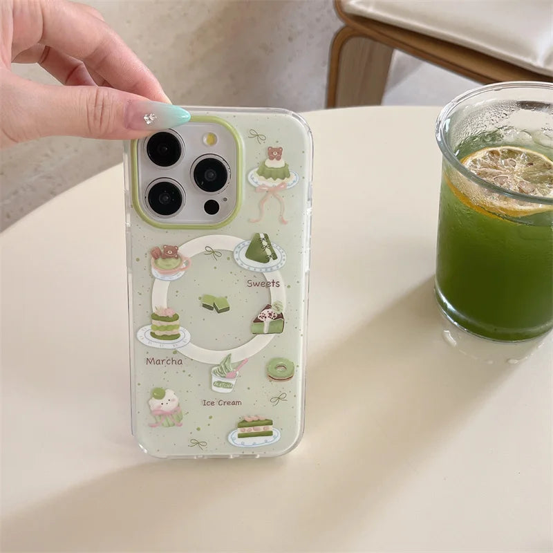 【抹茶×いちごケーキ】ホルダー付き スイーツ スマホケース|iPhone対応 #250725