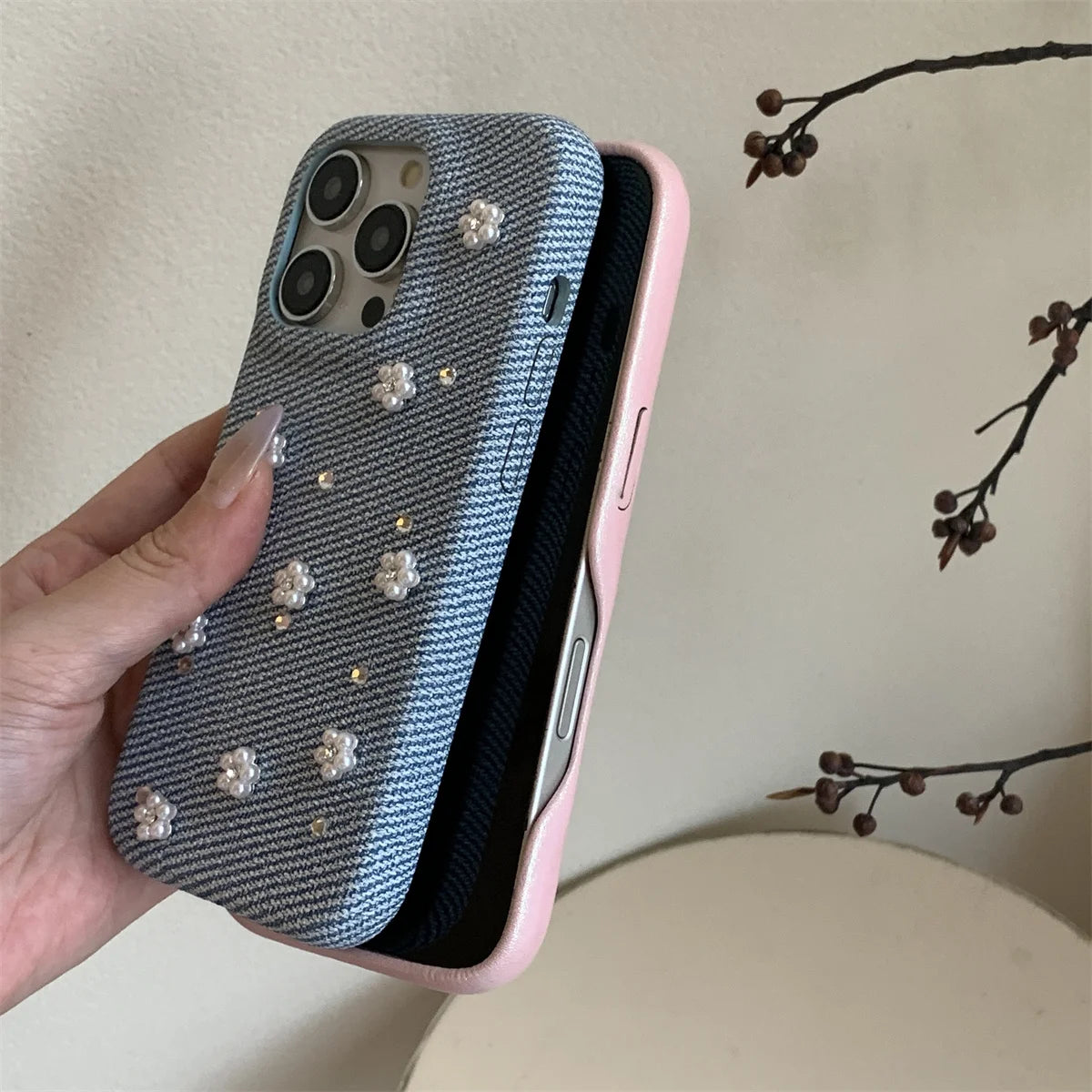 【立体パールフラワー】ジュエリー ハート スマホケース|iPhone対応 #250808