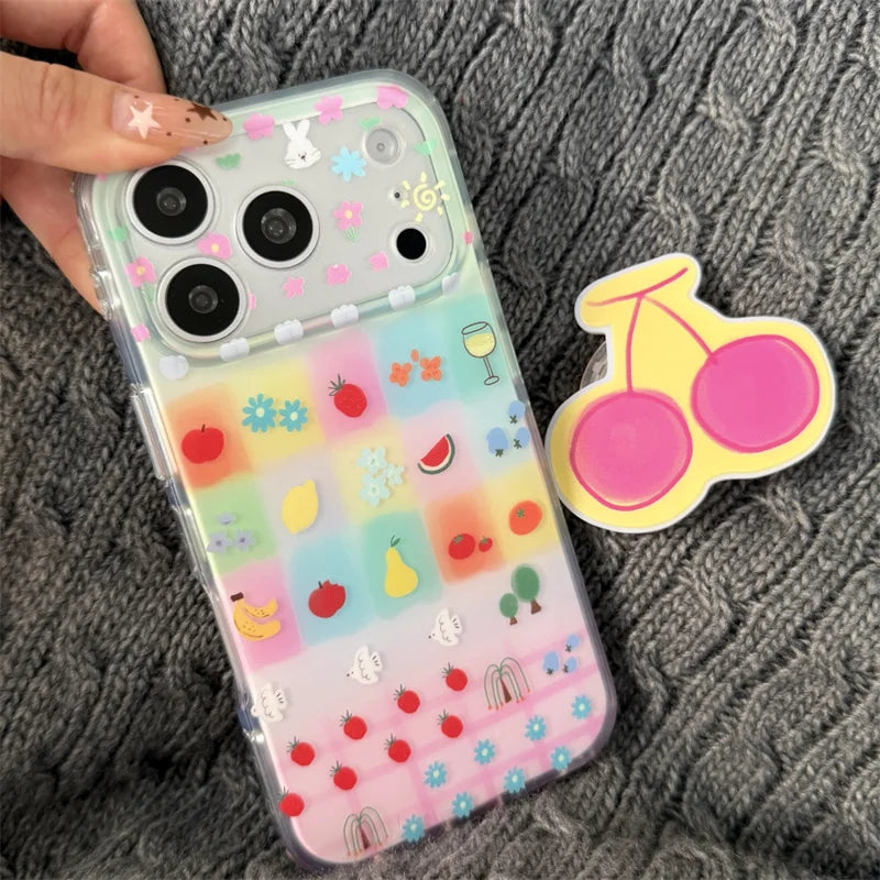 ポップチェリー 立体 さくらんぼグリップ付き クリア iPhoneケース|カラフル・韓国デザイン #231130