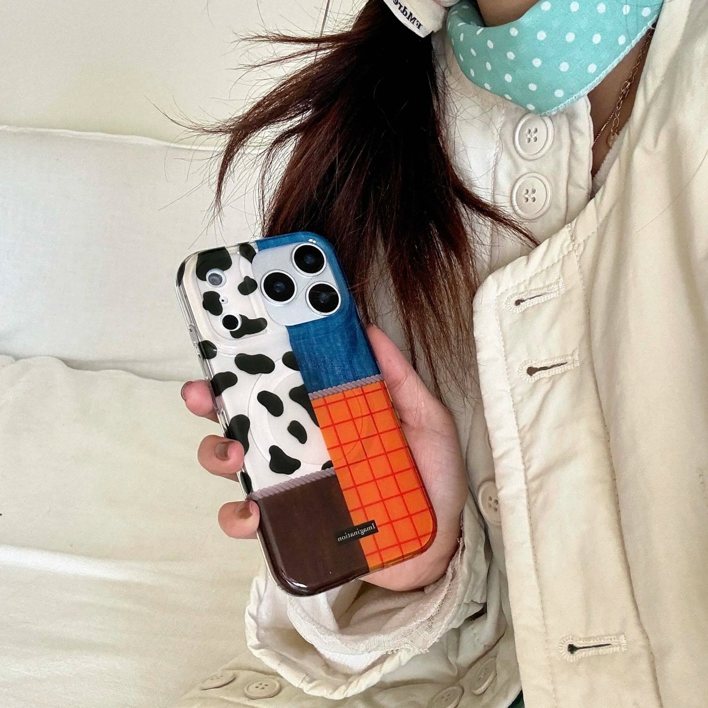 【カウパッチワーク】デニム×チェック×アニマル柄 スマホケース|iPhone対応 #250123