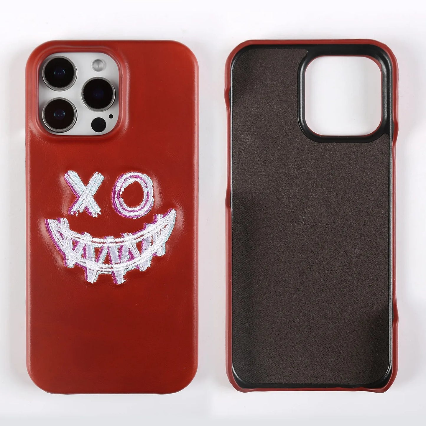 【本革シリーズ】艶あり スムースレザー スマイル ステッチケース|iPhone対応 #240831