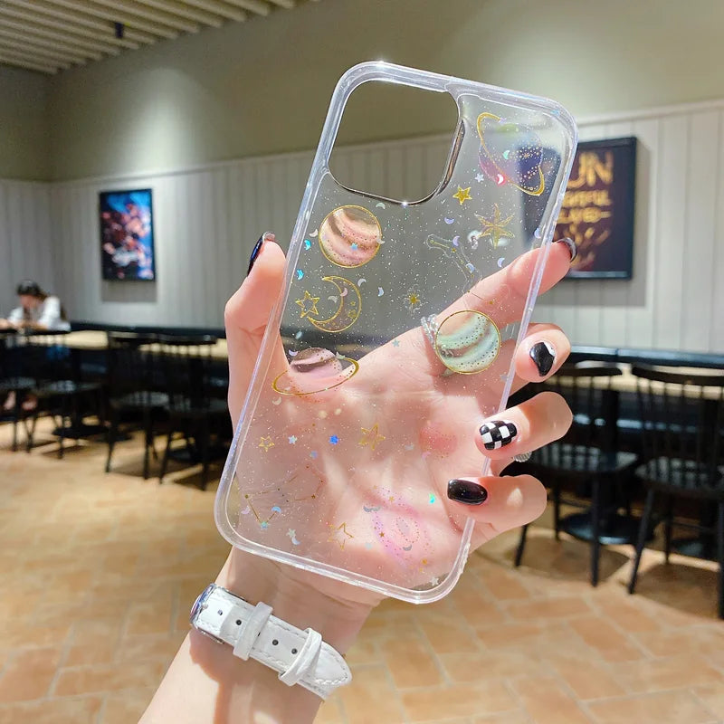【グリッター 惑星 クリアスマホケース】星 月 ラメ|iPhone対応 #250814