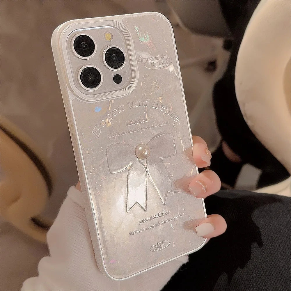 【パール×リボンチャーム】艶めく ホワイト シェル風ケース|iPhone対応 #250525