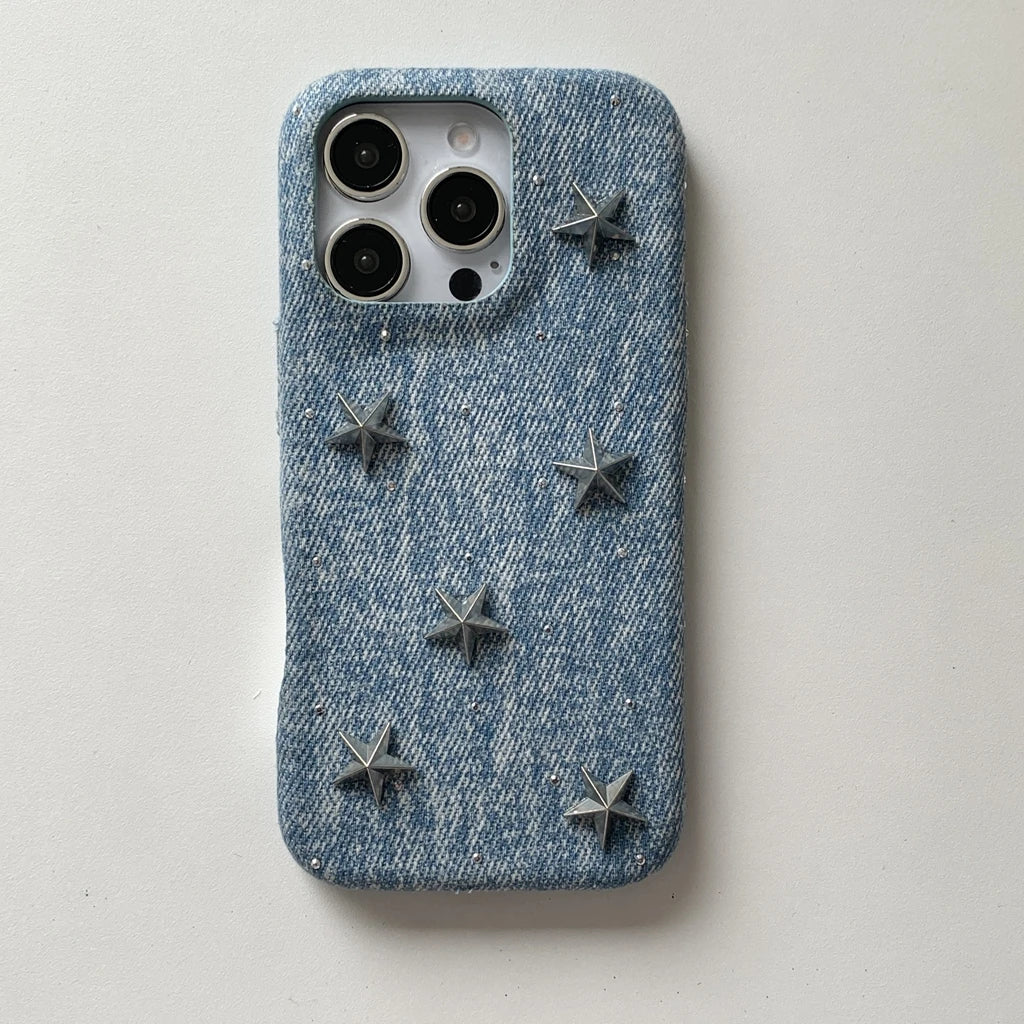 【立体スタースタッズ】デニム風 スマホケース|iPhone対応 #250731
