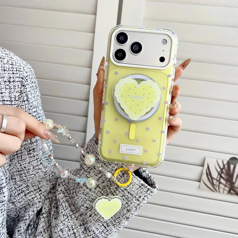 ハートグリップ ビーズストラップ付き ドット柄 韓国風 iPhoneケース #240509