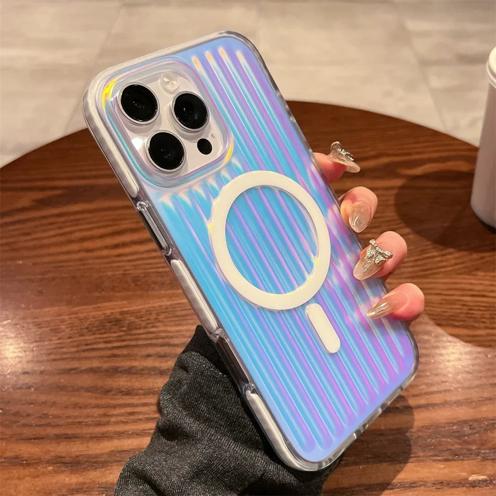 【ワイヤレス充電対応シリーズ】オーロラグラデーション 光沢リブ加工 スマホケース|iPhone対応 #250831