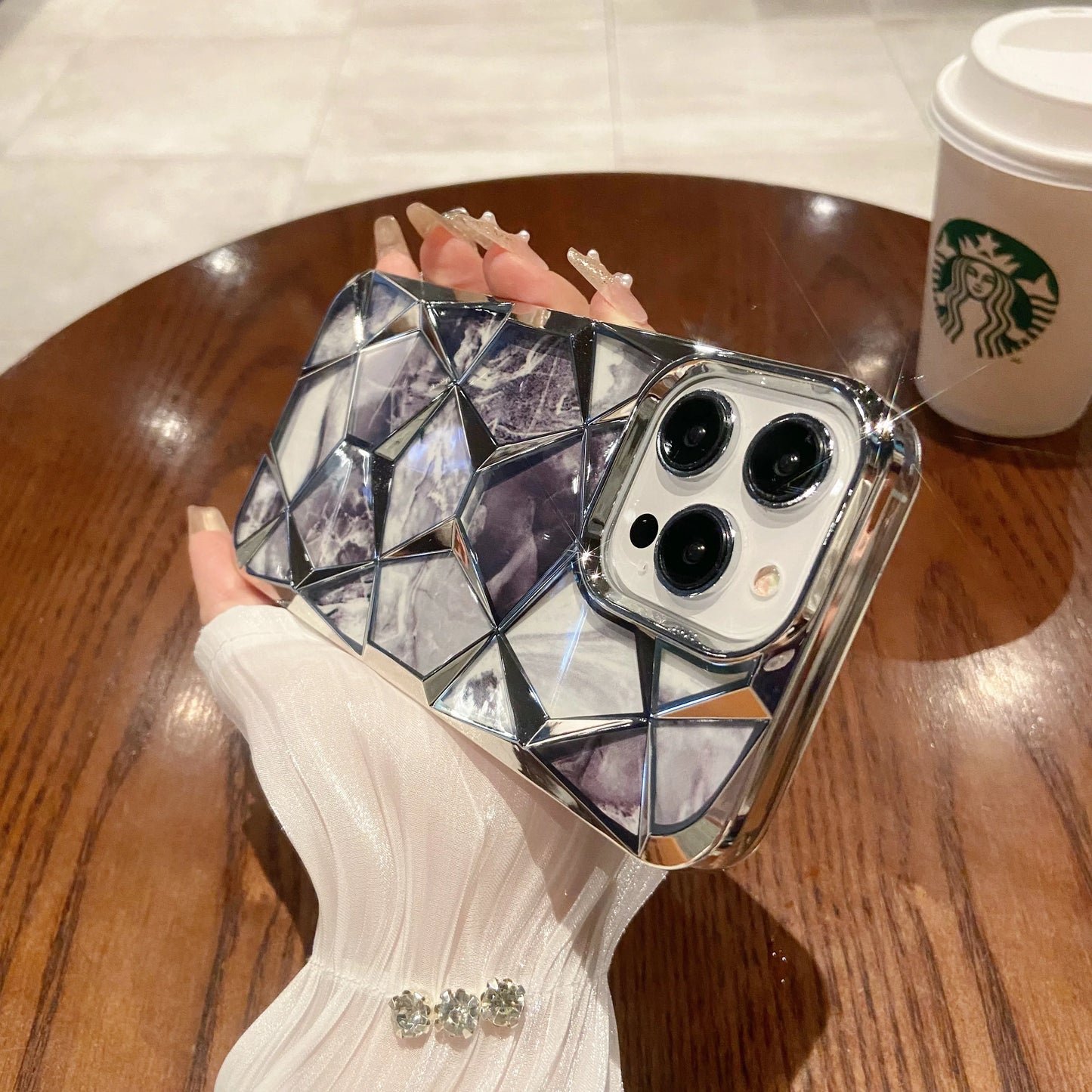 【ジェムカットアート】立体ジオメトリック × マーブルパネルデザイン スマホケース|iPhone対応 #250603