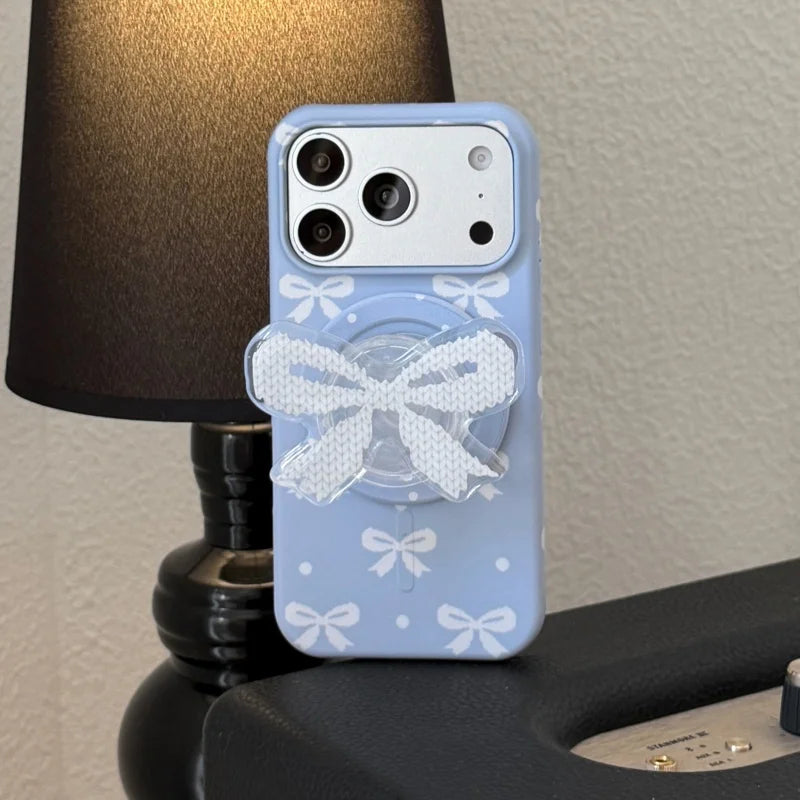 ブルーリボン グリップ クリア Magnet内蔵 iPhoneケース|韓国風・ガーリーデザイン #231218
