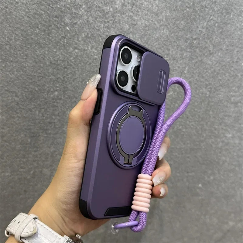 【耐衝撃シリーズ】カメラレンズカバー付き 折りたたみリングスタンド ストラップ付き スマホケース|iPhone対応 #251226