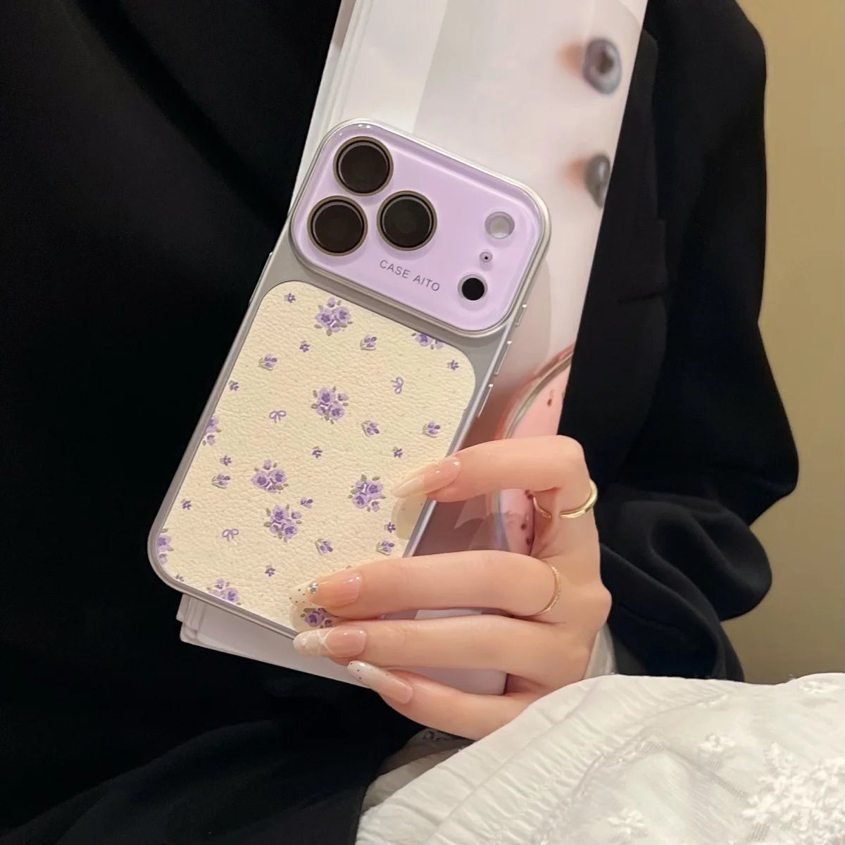 ドット柄 レザー調 メッキフレーム iPhoneケース|淡色・大人かわいい #260050