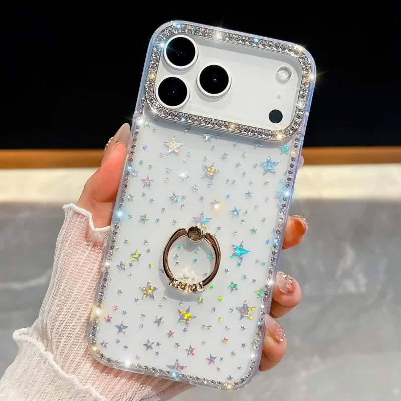 【グリッターシリーズ】輝くホログラムスター キラキラストーン付き リング付きスマホケース|iPhone対応 #251010