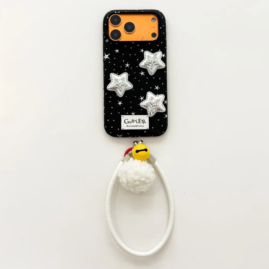 3Dシルバースター もこもこストラップ付き iPhoneケース|星空グリッター・韓国ガーリー #260002