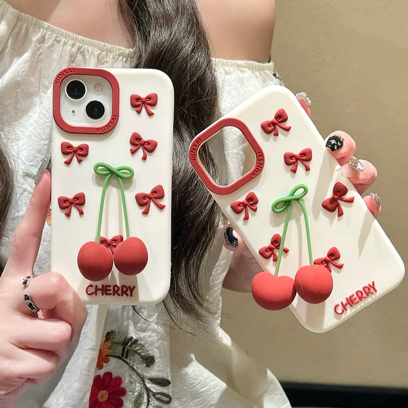 【フルーツシリーズ】立体さくらんぼ&リボンデザイン スマホケース|iPhone対応 #250827