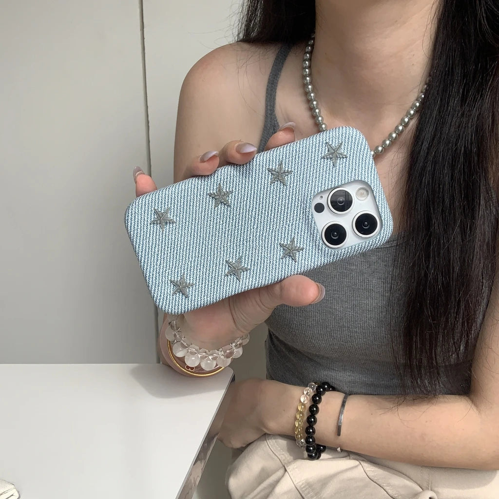 【立体スタースタッズ】デニム風 スマホケース|iPhone対応 #250731