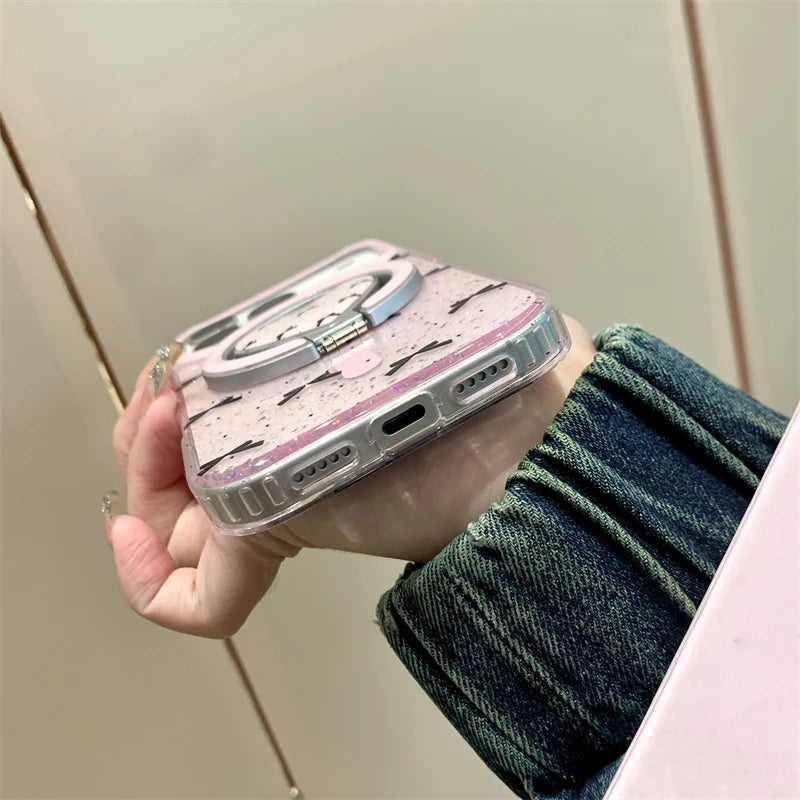 【ハートリングスタンド】Magsafe対応 ハート型 スタンド付き グリッター×リボン柄 スマホケース|iPhone対応 #250310