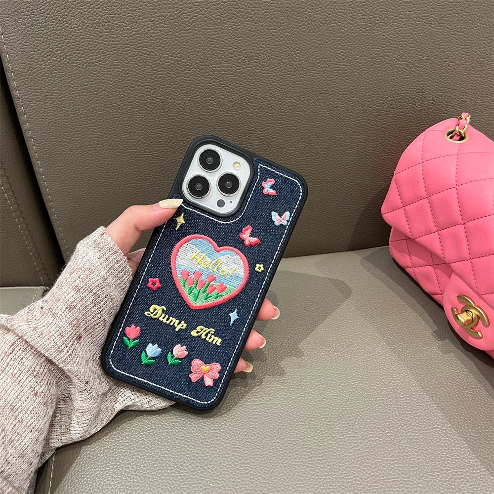 【デニム刺繍デザインスマホケース】ハート&バタフライ|iPhone対応 #250811